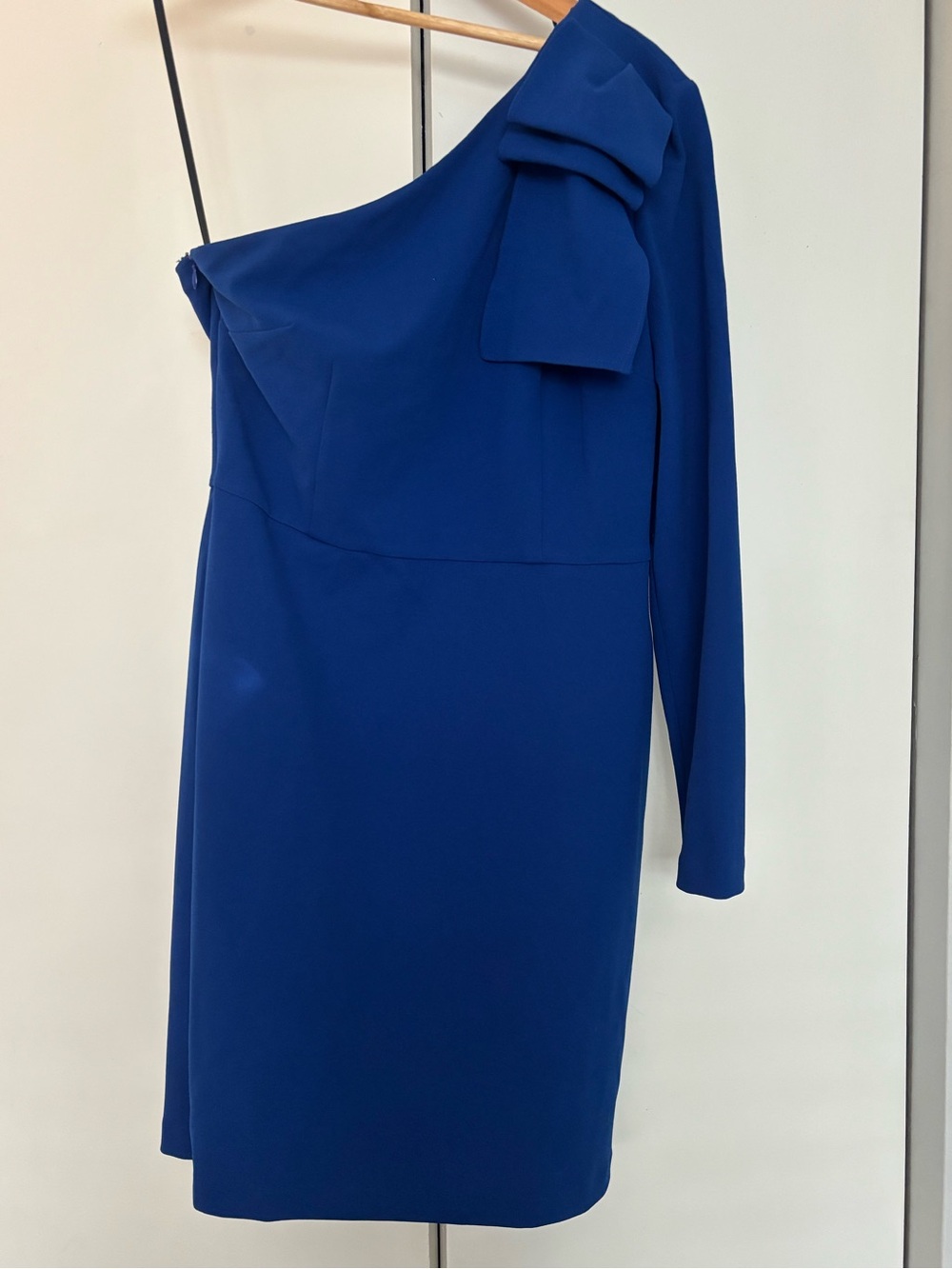 Donna Morgan One-Shoulder Royal Blue Dress with Bow Accent